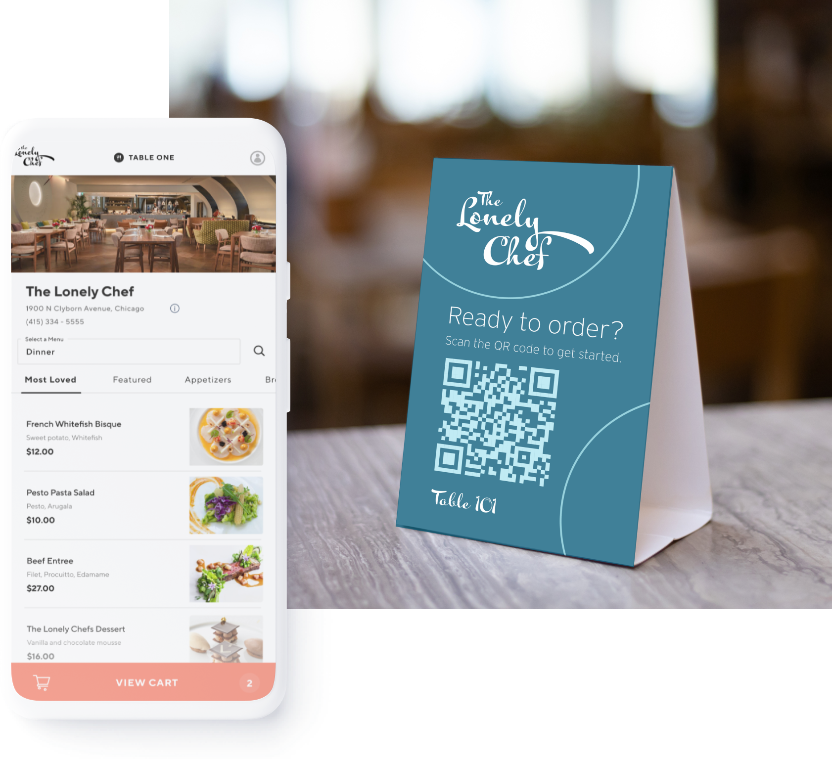 A phone with a digital menu and a qr sign on a table
